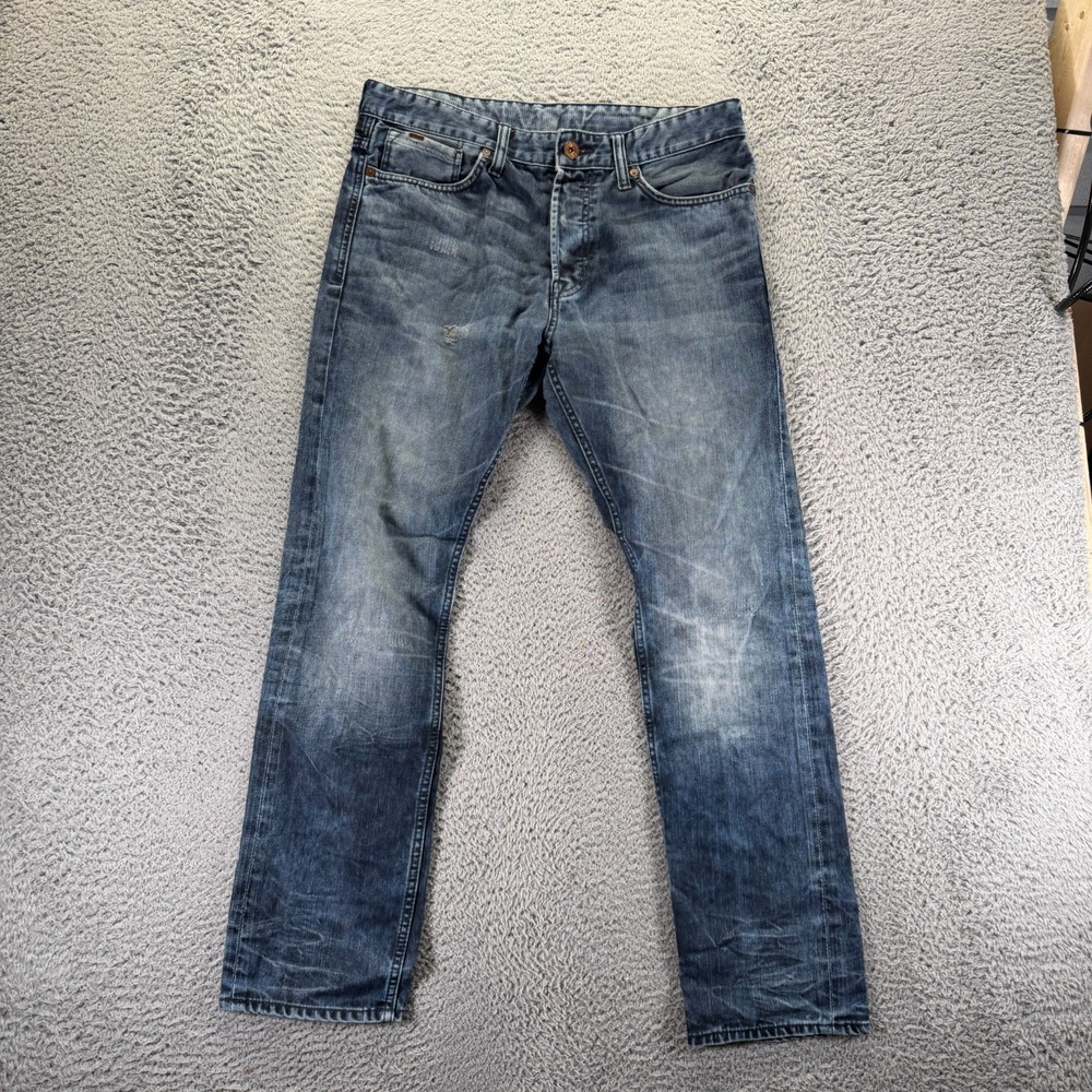 H&M & Denim Jeans Mens 33x32 Blue Cotton Denim Straight Button Fly Faded Stretch